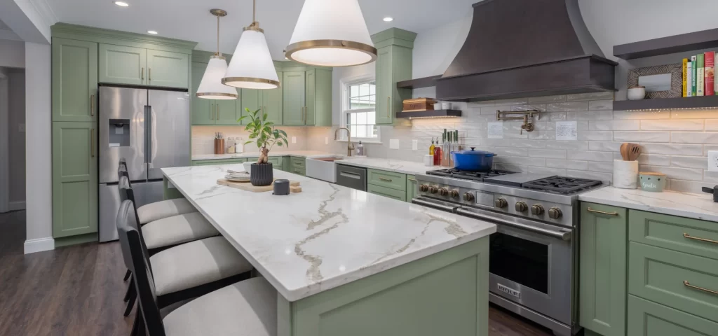 Green Onyx kitchen remodel in Coatesville, PA with large island, custom range hood and updated first-floor finishes.