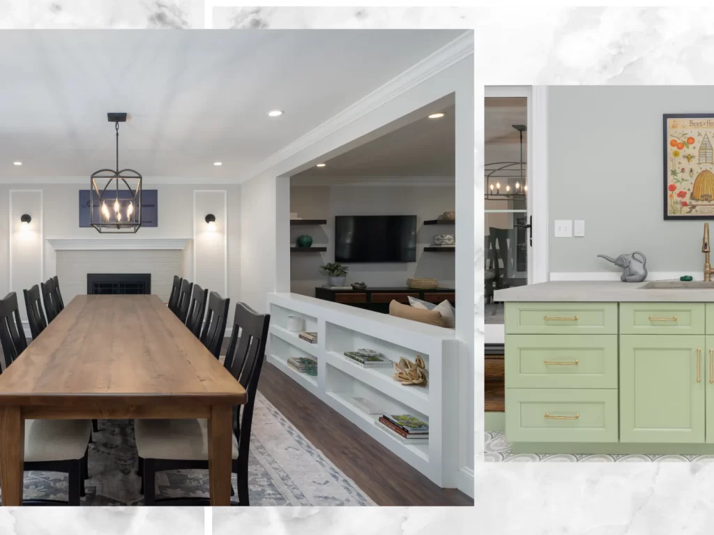 Coatesville, PA first-floor remodel with a dining area, custom built-in shelving, open connection to the living room and coordinated cabinetry.