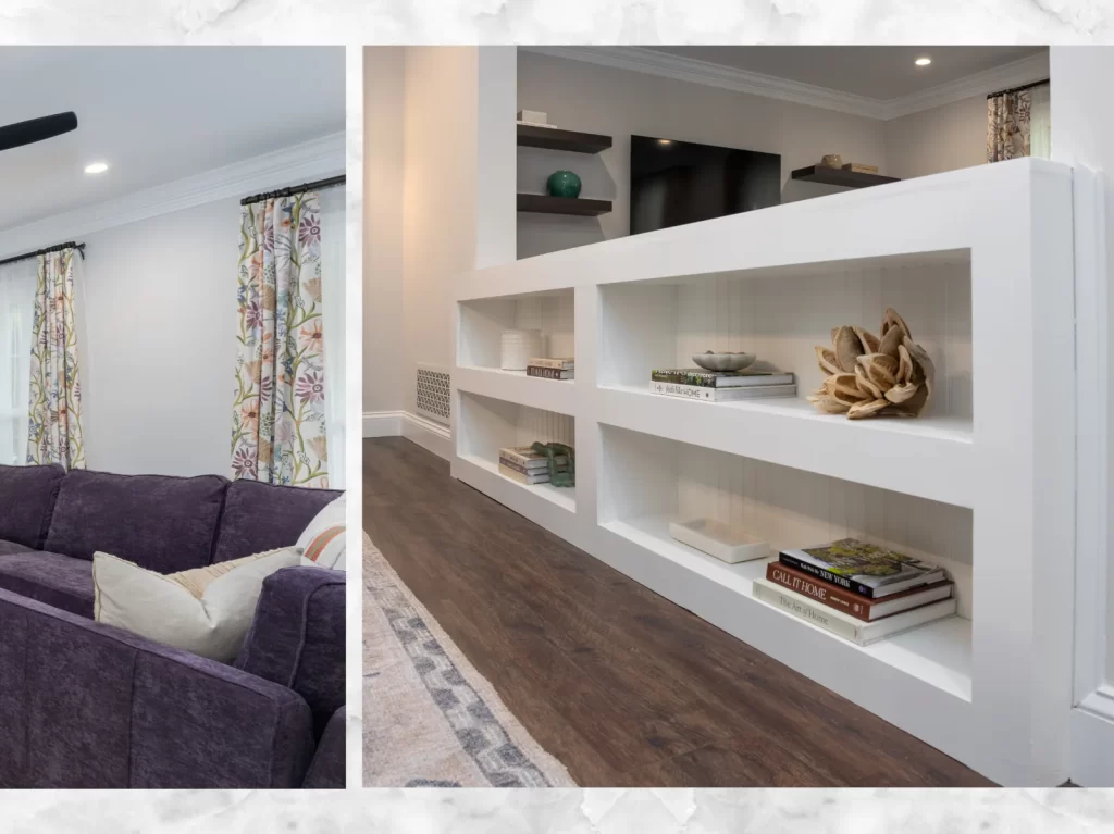 Coatesville, PA first-floor remodel with a living room, custom built-in shelving, floating wall shelves, hardwood flooring and updated trim.