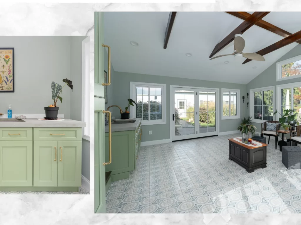 Coatesville, PA first-floor remodel with a bright sunroom, custom Green Onyx cabinetry, patterned tile flooring, vaulted ceiling beams and French doors.