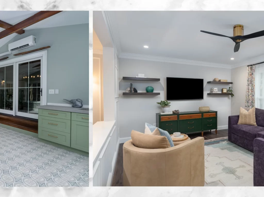 Coatesville, PA first-floor remodel showing the transition from a sunroom with custom Green Onyx cabinetry into an adjoining living room with floating shelves and updated finishes.