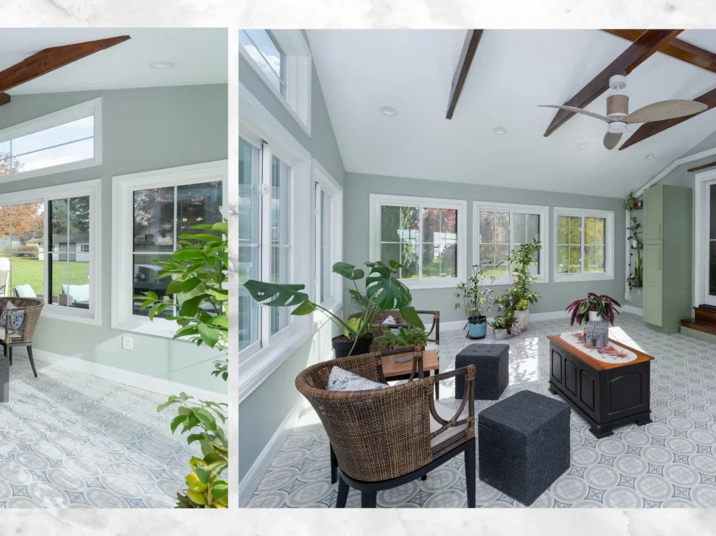 Coatesville, PA first-floor remodel with a bright sunroom, vaulted ceiling beams, ceiling fan, large windows, patterned tile flooring and Green Onyx cabinetry.