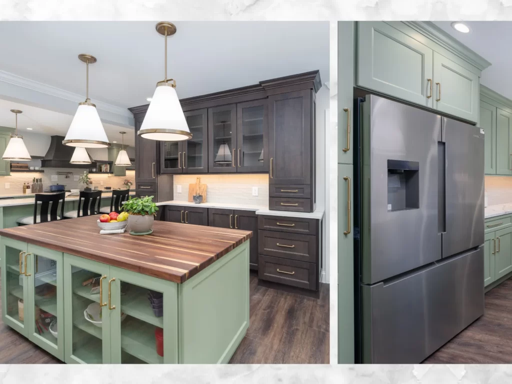 Coatesville, PA kitchen remodel with custom two-tone cabinetry, a butcher block island, glass-front storage and stainless steel refrigerator.