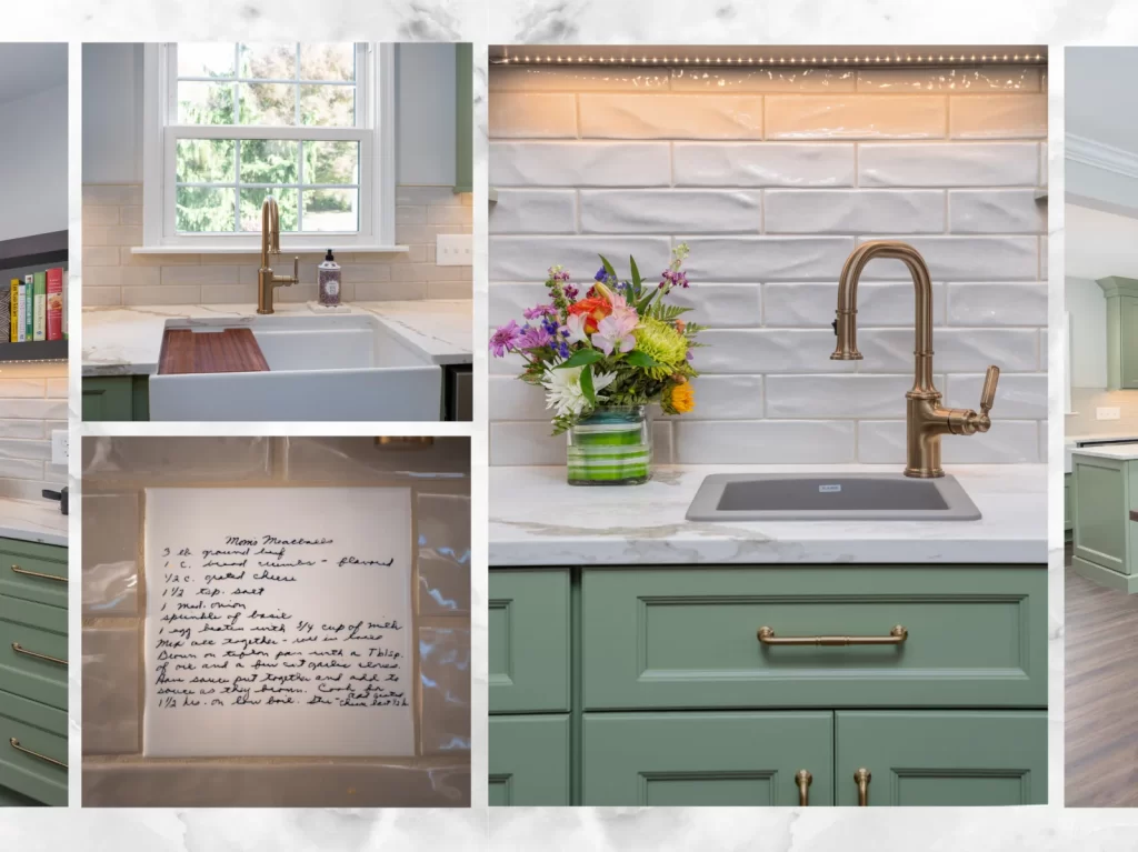 Coatesville, PA kitchen remodel detail showing a farmhouse sink, brushed brass faucet, white tile backsplash, Green Onyx cabinetry and quartz countertops.