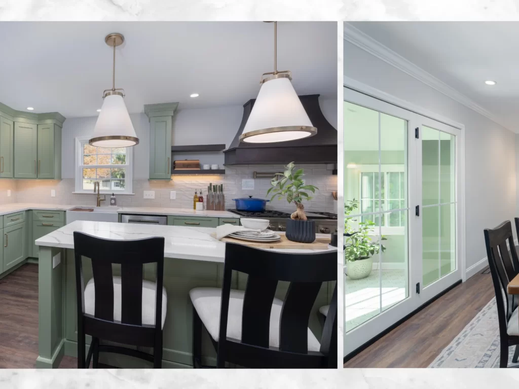 Coatesville, PA kitchen remodel with Green Onyx cabinetry, a large quartz island with seating, custom pendant lighting and patio doors leading to the adjoining first-floor space.