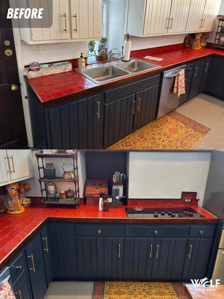 Kitchen in Downingtown before the refresh, showing red tile counters, a double sink, and dark lower cabinets