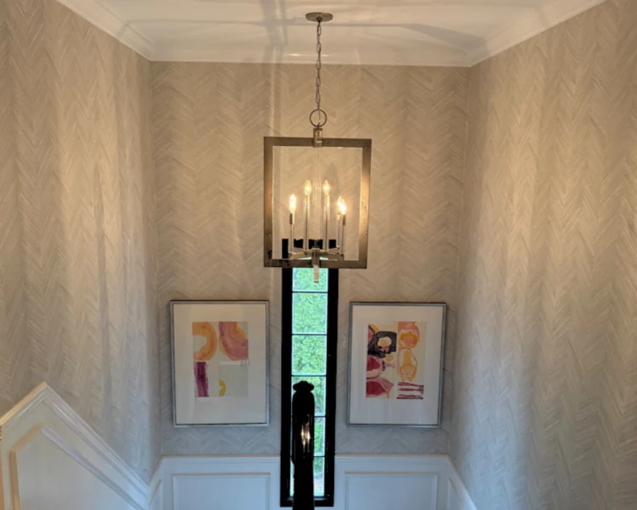 Chandelier installed over a stairway in Villanova, PA
