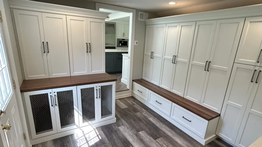 Custom butler's pantry built-ins with tall storage cabinets, wood cabinet tops and drawer storage in Berwyn, PA.