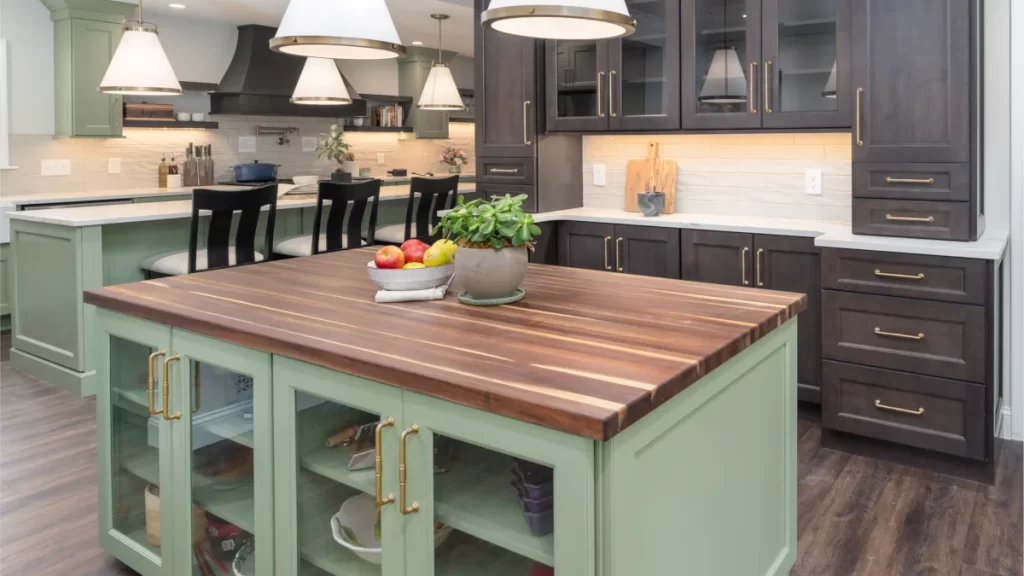 Custom two-tone cabinetry and butcher block island with built-in storage in a Coatesville, PA kitchen