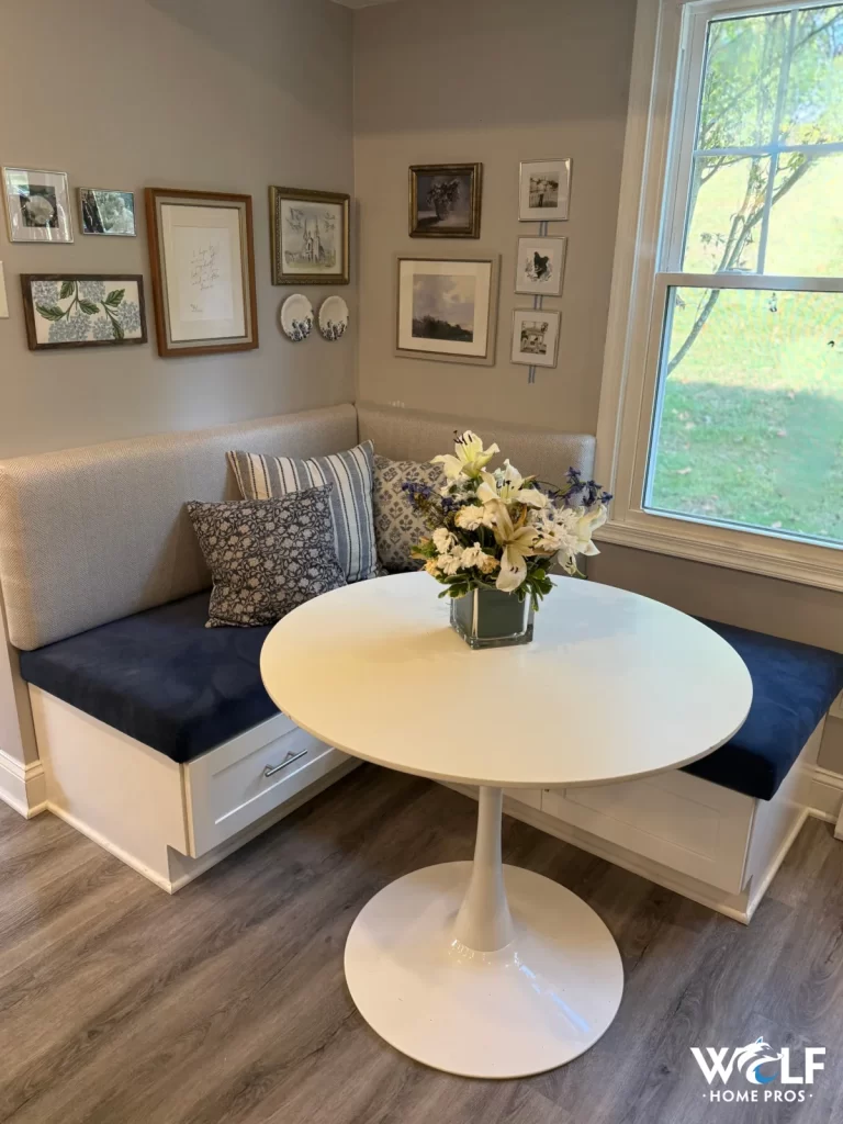 Custom built-in seating with storage in a refreshed room in West Chester, PA